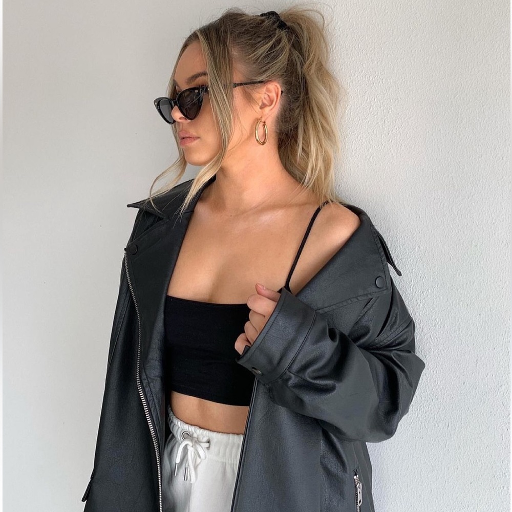 Oversized black leather jacket